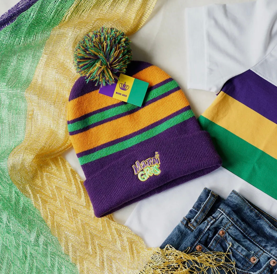 Mardi Gras Embroidered Beanie with Pom Pom